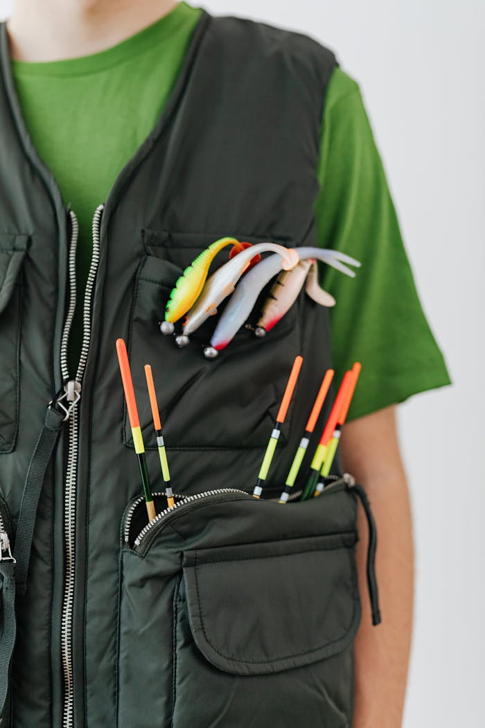 Close-up of a fishing vest with colorful lures and floats. Perfect for outdoor fishing enthusiasts.